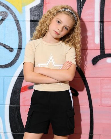 تي شيرت برسومات بأكمام قصيرة للفتيات من Tween + شورت كارجو، طقم ملابس مكون من قطعتين، مقاس 7-14 سنة in Kuwait