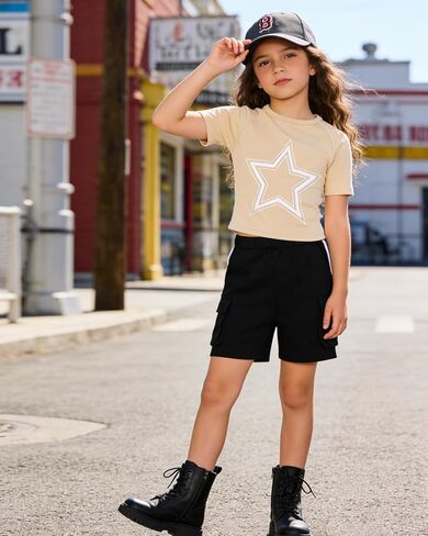 تي شيرت برسومات بأكمام قصيرة للفتيات من Tween + شورت كارجو، طقم ملابس مكون من قطعتين، مقاس 7-14 سنة in Kuwait