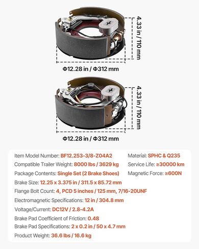 طقم فرامل مقطورة كهربائية VEVOR، مقاس 12.25 × 3.375 بوصة، زوج واحد من طقم فرامل كهربائية ذاتية الضبط لمحور مقطورة 8000 رطل، لوحات دعم لاستبدال جزء نظام الكبح، مناسبة للمقطورات، RVs in Saudi Arabia