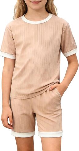 2026 6-12 Years Old Girls 2Pcs Spring Summer Outfits Set Crew Neck Short Sleeve Tops with Pocket Tie-Dye Shorts in Saudi Arabia