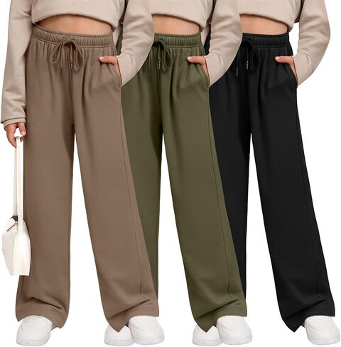 3 Pack Girls' Sweatpants Wide Leg Drawstring Casual Kids Joggers Open Bottom Loose Solid Teen Pants with Pockets in Saudi Arabia
