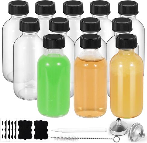 12pack 2oz زجاجات زجاجية مع مسريات الأغطية ، فرشاة ، تسميات- تسرب 60 مل حاويات مستديرة بوسطن لقطات الزنجبيل ، خلاصة العصير والفانيليا- حجم سفر صغير in Kuwait