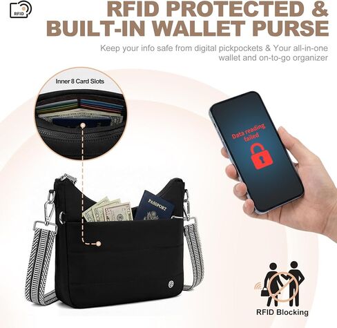 حقائب هوبو كروس للنساء مضادة للسرقة، حقيبة منتفخة مبطنة ومحفظة مدمجة وحجب RFID in Kuwait