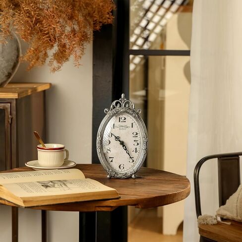 NIKKY HOME Vintage Table Clock, Silent Non-Ticking Battery Operated Desk Shelf Mantel Small Metal Clock for Living Room Decor - Retro Silver in Saudi Arabia