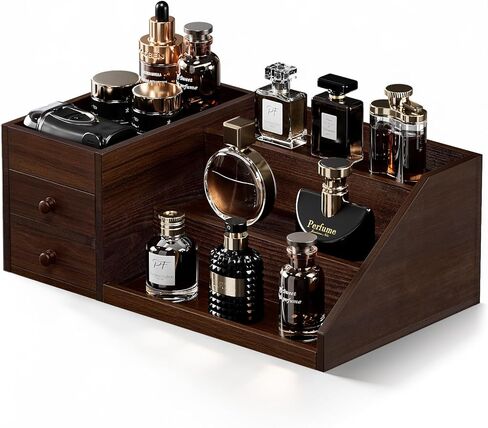 ProCase Wooden Cologne Organizer for Men, 3-Tier Elevated Wood Perfume Storage Display Shelf with Drawers, Dresser Storage Stand Riser for Fragrance Skin Care, Gift for Boys Men Dad Husband -Black in Saudi Arabia