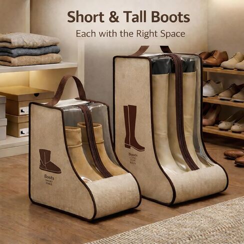 4 Pack Portable Boot Storage Bag,2 Tall & 2 Short Boot Storage Bag with Clear Window, Zipper and Handle, Travel Friendly Shoe Storage for Boots, Closet Organization,Beige in Saudi Arabia