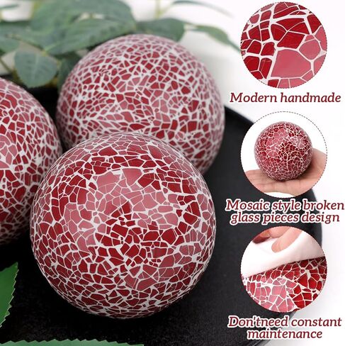 2 قطعة من كرات الفسيفساء الزجاجية الكروية المزخرفة، كرات مركزية، زينة عيد الميلاد الحمراء للأطباق والمزهريات وصينية حشو الأطباق وديكور طاولة القهوة مقاس 3.35 بوصة in Kuwait