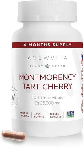 Anew Vita Montmorency Tart Cherry - Muscle Recovery, CherryPure 50:1 Concentrate eq. 25,000 mg, Rich in Antioxidants & Flavonoids, Plant-Based, Gluten-Free - 120 Veggie Capsules, Made in USA in Saudi Arabia