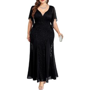 Plus Size Wedding Guest Dress Chiffon Lace Evening Gown with Handkerchief Sleeves Cocktail Party Maxi Dress in Kuwait