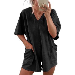 Womens Mineral Washed Summer Casual Short Sleeve V Neck Rompers Jumpsuit Outfits with Pockets in Saudi Arabia