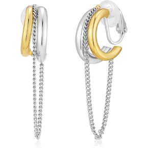 Two-Tone Chain Drop Clip-On Earrings Drop Clip On Earrings for Women No Piercings Statement Gold and Silver Studs Modern Jewelry in Saudi Arabia