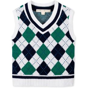 Hope & Henry Boys’ Organic Cotton V-Neck Argyle Sweater Vest – GOTS-Certified Knit Vest with Rib Trim, Pickleball Argyle, Large in Kuwait