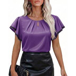 siliteelon Blouses for Women Business Casual Tops for Women Ruffle Short Sleeve Flowy Satin Silk Work Trendy Elegant Summer in Saudi Arabia