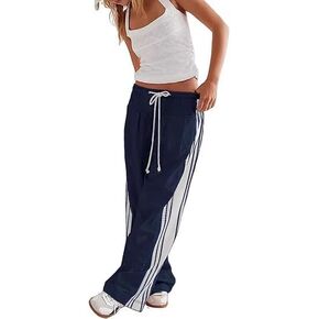 Women Grunge Linen Track Pants Y2K Emo Drawstring Baggy Wide Leg Pants Vintage Side Striped Palazzo Pant with Pockets in Saudi Arabia