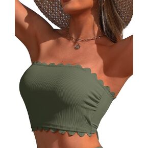 Charmo Women Cute Bandeau Bikini Top Strapless Swimsuit Top Lace Up Bathing Suit Top Ribbed Swim Top Only in Kuwait