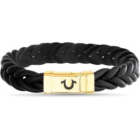 True Religion Simulated Black Leather Horseshoe 12mm Thick Braded ID Style 9 Inch Long Bracelet for Men 14K Yellow Gold Plated Brass in Saudi Arabia