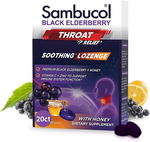 Sambucol Black Elderberry Throat Lozenge - with Honey, Vitamin C & Zinc, Elderberry Lozenges Sore Throat & Cough, Soothes Scratchy Throat, Soft & Chewy - 2 Pack (40 Total Pastilles) in Kuwait