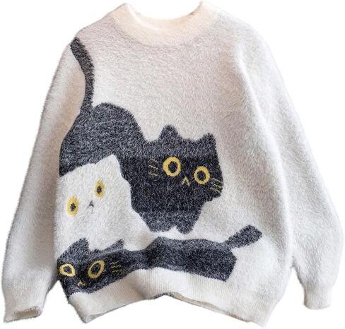 WDIRARA Girl's Cartoon Cat Faux Fur Sweaters Long Sleeve Crew Neck Pullover Knit Tops in Saudi Arabia