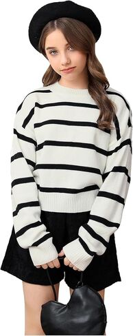 Milumia Girl's Color Block Striped Sweater Crew Neck Long Sleeve Loose Pullover Tops Knitwear in Saudi Arabia