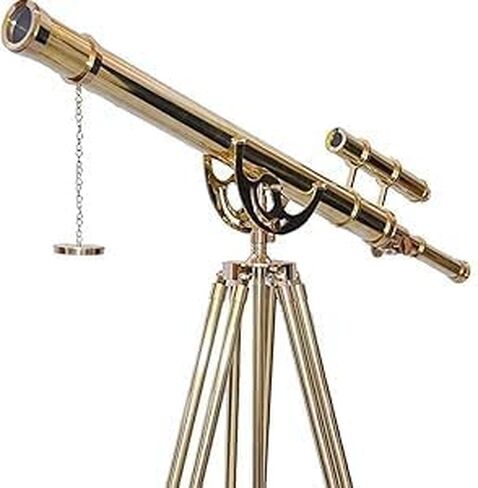 Nautical Double Barrel Shiny Brass Antique Telescope Floor Standing Wooden/Brass Stand Home Collectible Stand Brown Adjustable Tripod - Navirock in Saudi Arabia