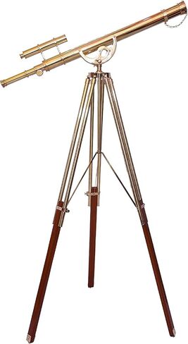 Nautical Double Barrel Shiny Brass Antique Telescope Floor Standing Wooden/Brass Stand Home Collectible Stand Brown Adjustable Tripod - Navirock in Saudi Arabia