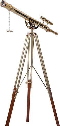 Nautical Double Barrel Shiny Brass Antique Telescope Floor Standing Wooden/Brass Stand Home Collectible Stand Brown Adjustable Tripod - Navirock in Saudi Arabia