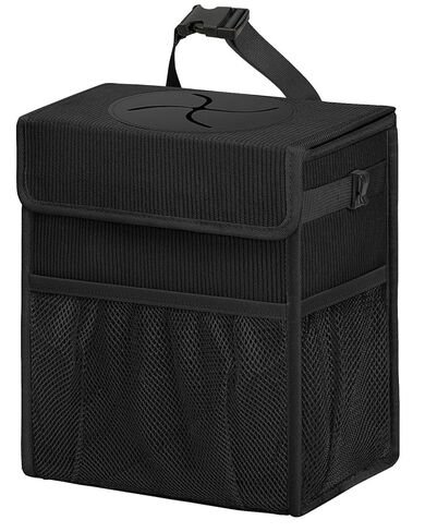 Corduroy Car Trash Can with Lid and Mesh Pockets - Leakproof Organizer,Multipurpose Waterproof Garbage Can/Trash Bin for Car(Off-White Base with Red Strawberry Print-2 Gallons) in Saudi Arabia