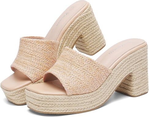 صنادل Yavero Espadrille ذات نعل سميك للنساء من الرافية بكعب مكتنز مفتوح عند الأصابع صنادل بوهيمية للعطلات، الشاطئ in Kuwait