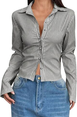 Striped Button Down Shirts for Women Dressy Casual Slim Fit Lapel Collar Long Sleeve Shirts Business Work Crop Top in Saudi Arabia