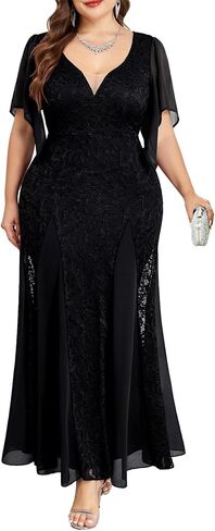 Plus Size Wedding Guest Dress Chiffon Lace Evening Gown with Handkerchief Sleeves Cocktail Party Maxi Dress in Kuwait