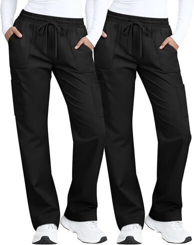 2 Pack Scrub Pants Straight Leg for Women Nurse Cargo Pants Lightweight Mid Rise Trousers 4 Pockets and Pen Slots in Saudi Arabia