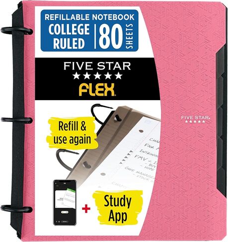 Five Star Flex Refillable Notebook + Study App, College Ruled Paper, 1-1/2 Inch TechLock Rings, Pockets, Tabs and Dividers, 300 Sheet Capacity, Black (29324AA2) in Saudi Arabia