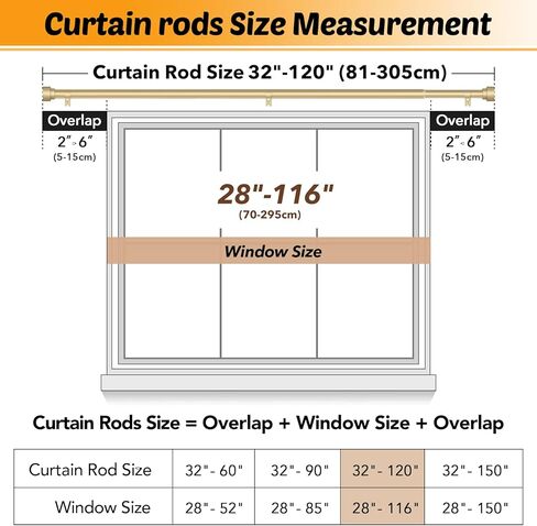 GEEBOBO Gold Curtain Rods for Windows 66 to 120 Inch, 1 Inch Adjustable Heavy Duty Decorative Window Curtain Rod, W1 (Gold, 32"-120") in Kuwait