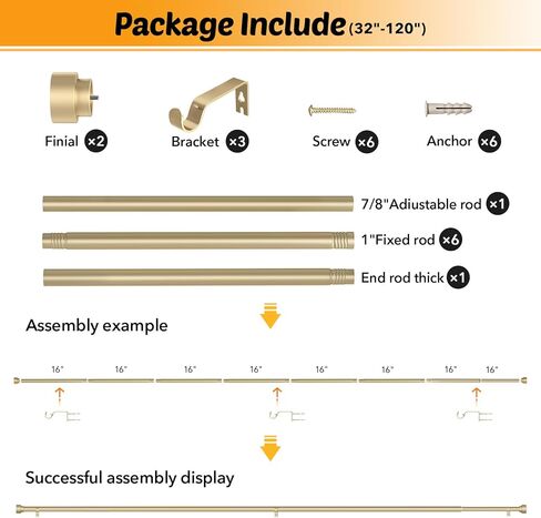 GEEBOBO Gold Curtain Rods for Windows 66 to 120 Inch, 1 Inch Adjustable Heavy Duty Decorative Window Curtain Rod, W1 (Gold, 32"-120") in Kuwait