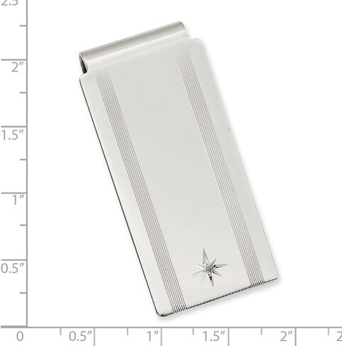 Solid Polished and satin Engravable (front only) Silver Plated Rhodium Star .001ct Diamond Hinged Money Clip 50x25mm Wide Money Clip for Men in Saudi Arabia