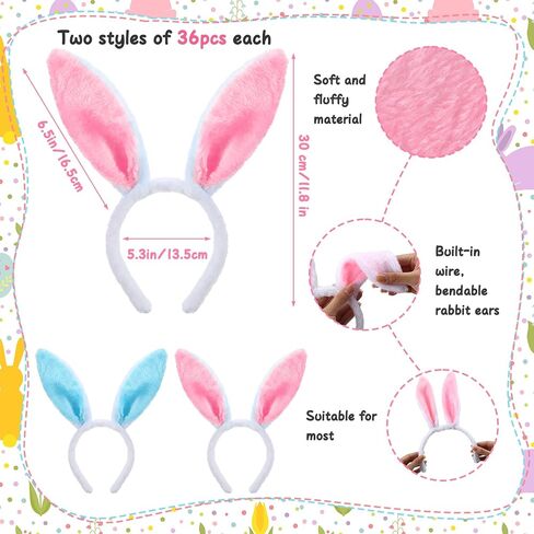 Tigeen 72 Pcs Easter Bunny Ears Headbands Cute Rabbit Ears Hairbands Bunny Costume Toys for Adults Easter Party Favor in Saudi Arabia