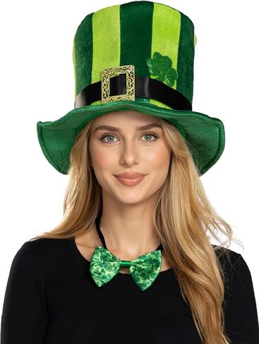 Adult St. Patrick's Day Hat, Green Stripe Irish Plush Shamrock Top Hat with Bow Tie for Men and Women in Kuwait