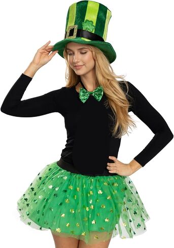 Adult St. Patrick's Day Hat, Green Stripe Irish Plush Shamrock Top Hat with Bow Tie for Men and Women in Kuwait