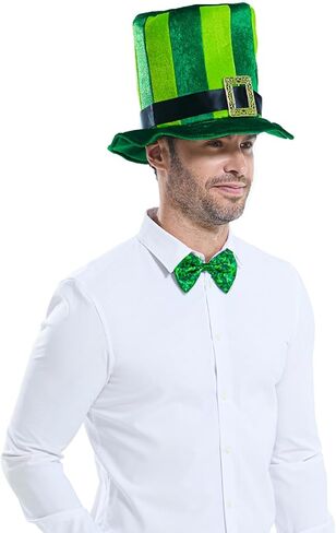Adult St. Patrick's Day Hat, Green Stripe Irish Plush Shamrock Top Hat with Bow Tie for Men and Women in Kuwait