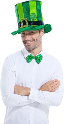 Adult St. Patrick's Day Hat, Green Stripe Irish Plush Shamrock Top Hat with Bow Tie for Men and Women in Kuwait