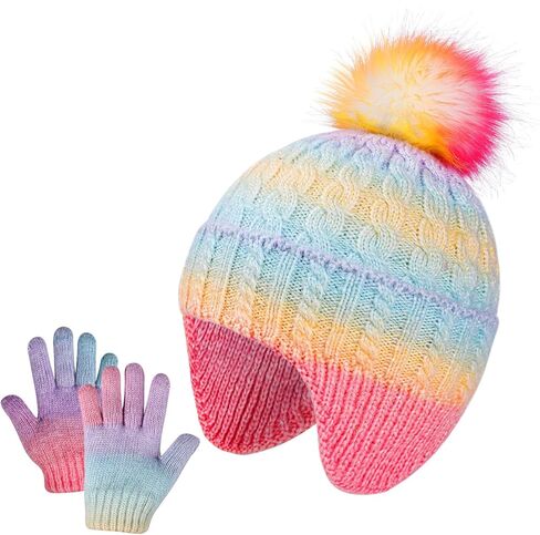 Kids Winter Hat Gloves Set, Girls Toddler Children Warm Beanie Hats and Mittens Cold Weather Set for Ages 3-8 in Saudi Arabia