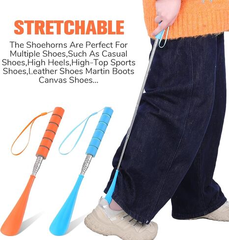 TIESOME 2 Pcs Shoe Horn Long Handled, Telescopic 12-28 Inch Metal Long Handled Shoe Horns, Portable Adjustable Length Boot Horn for Men Women Kids Seniors, Lightweight Ergonomic Handle (Blue & Orange) in Saudi Arabia