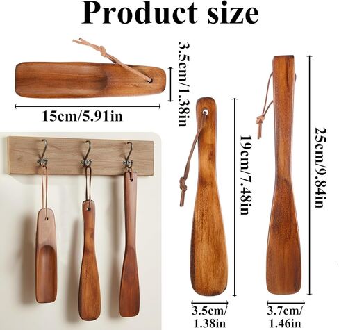 TIESOME 3Pcs Wooden Shoe Horn, 6/7.5/9.9 Inches Retro Wood Shoehorn with Leather Lanyard Easy Wear Helper Long and Short Handle Shoehorns for Seniors Pregnancy Men Women Kids in Saudi Arabia