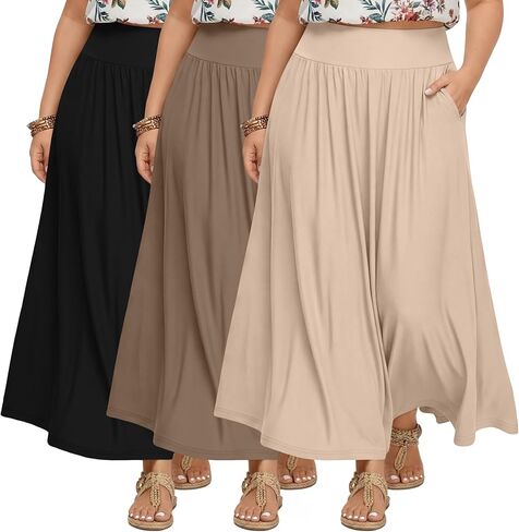 3 Pack Plus Size Maxi Skirts for Curvy Women Flowy Casual High Waisted Ankle Length a Line Long Skirt with Pockets in Saudi Arabia