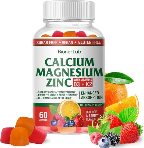 Calcium Magnesium Zinc Gummies with Vitamin D3 & K2 - High Potency Enhanced Absorption - Orange and Berry Flavored in Saudi Arabia