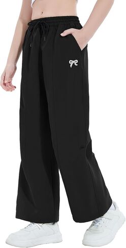 الفتيات السراويل القوس التطريز المسار البضائع السراويل Y2K واسعة الساق الرباط رياضية ركض Sweatpants مع جيوب 5-14Y in Kuwait