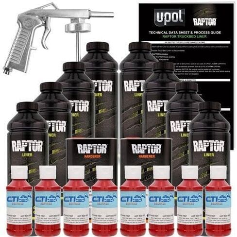 Raptor Truck Bed Liner Kit with Colored Victory Red Tint and Spray Gun - 8 Liters - Protective Spray On Paint for Coating Trucks, Tailgates, Vehicle Undercoating - Tintable Bedliner Formula in Saudi Arabia