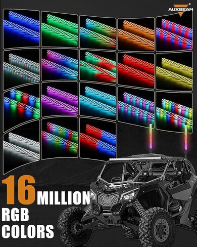 Auxbeam 2PCS 2.2FT RGB LED Whip Lights, Bluetooth APP & Remote Control Fat Whip Lights w/Brake and Turn Signal Light, Compatible with Side by Side UTV ATV RZR SXS Boat, Waterproof, 1-Year Warranty in Saudi Arabia