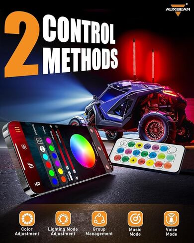 Auxbeam 2PCS 2.2FT RGB LED Whip Lights, Bluetooth APP & Remote Control Fat Whip Lights w/Brake and Turn Signal Light, Compatible with Side by Side UTV ATV RZR SXS Boat, Waterproof, 1-Year Warranty in Saudi Arabia