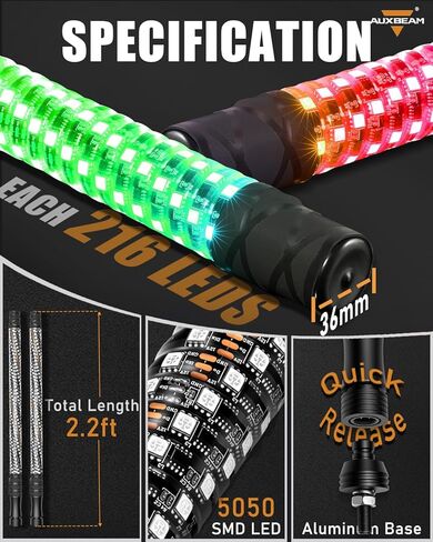 Auxbeam 2PCS 2.2FT RGB LED Whip Lights, Bluetooth APP & Remote Control Fat Whip Lights w/Brake and Turn Signal Light, Compatible with Side by Side UTV ATV RZR SXS Boat, Waterproof, 1-Year Warranty in Saudi Arabia